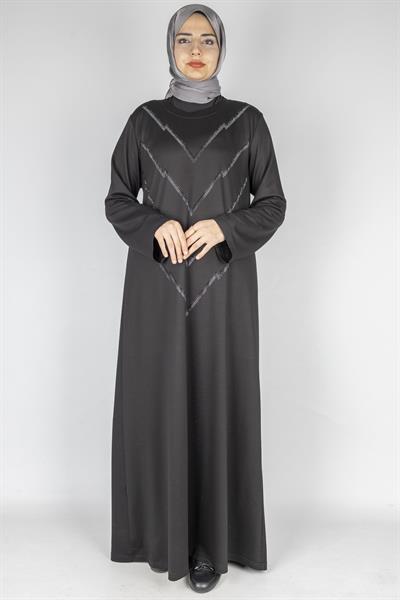 V Desen Taş İşlemeli Büyük Beden Penye Elbise Siyah OTW2204