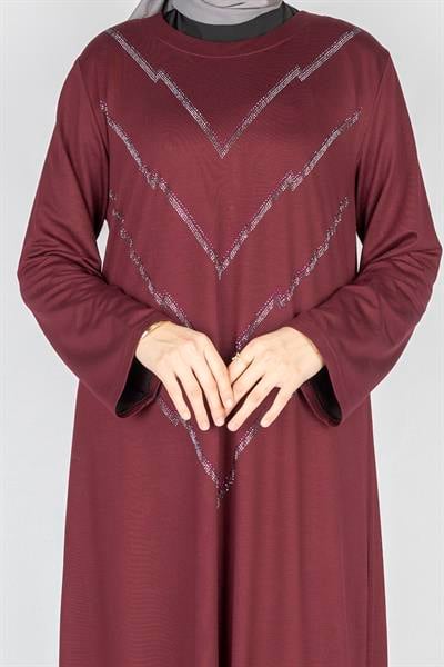 V Desen Taş İşlemeli Büyük Beden Penye Elbise Bordo OTW2204