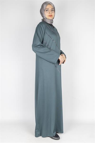 V Desen Taş İşlemeli Büyük Beden Penye Elbise Petrol OTW2204