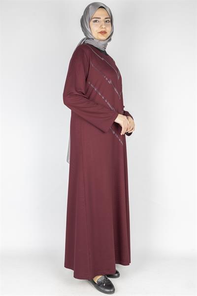 V Desen Taş İşlemeli Büyük Beden Penye Elbise Bordo OTW2204