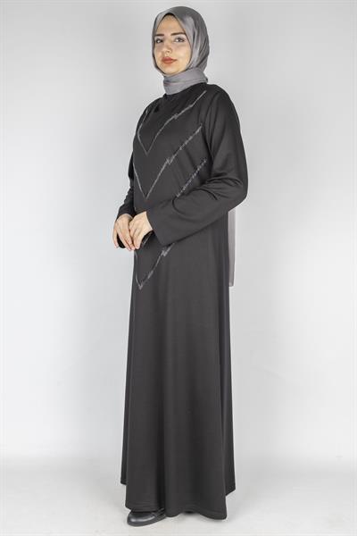 V Desen Taş İşlemeli Büyük Beden Penye Elbise Siyah OTW2204
