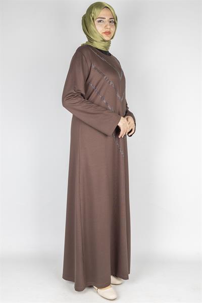 V Desen Taş İşlemeli Büyük Beden Penye Elbise Kahve OTW2204