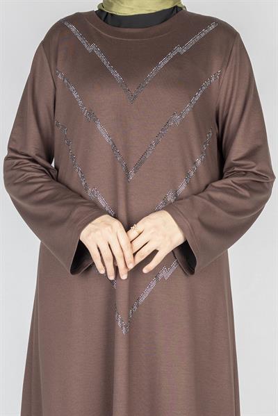 V Desen Taş İşlemeli Büyük Beden Penye Elbise Kahve OTW2204