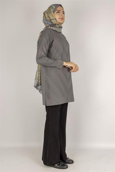 V Desenli Tesettür Merserize Tunik Gri OTW1035