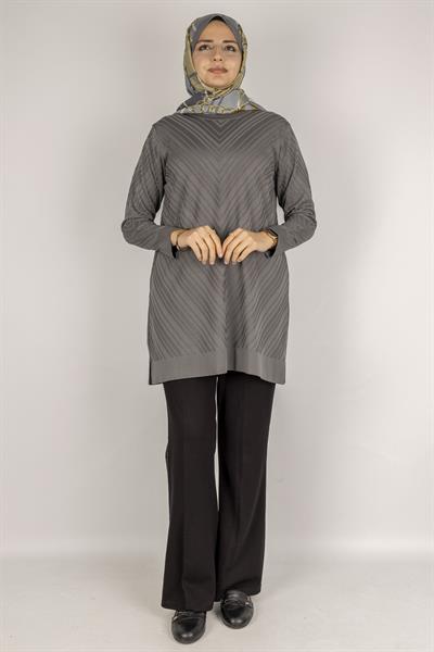 V Desenli Tesettür Merserize Tunik Gri OTW1035