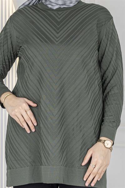 V Desenli Tesettür Merserize Tunik Haki OTW1035