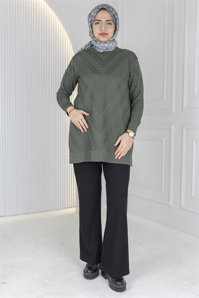 V Desenli Tesettür Merserize Tunik Haki OTW1035