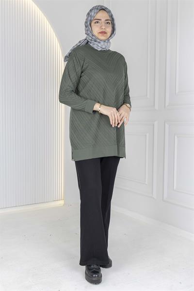 V Desenli Tesettür Merserize Tunik Haki OTW1035