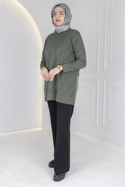 V Desenli Tesettür Merserize Tunik Haki OTW1035