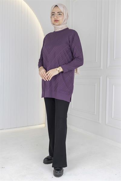 V Desenli Tesettür Merserize Tunik Mor OTW1035