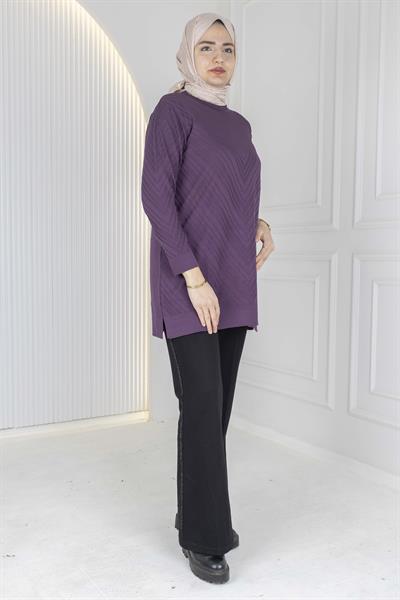 V Desenli Tesettür Merserize Tunik Mor OTW1035