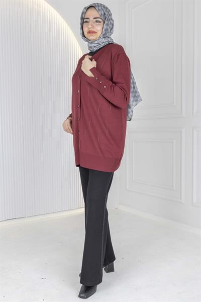 V Yaka Düğmeli Merserize Hırka Bordo OTW1030