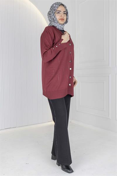 V Yaka Düğmeli Merserize Hırka Bordo OTW1030