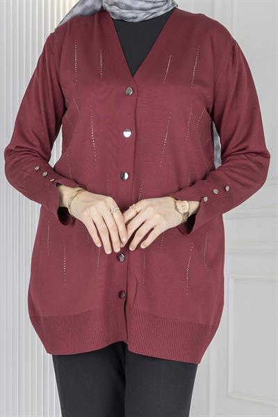 V Yaka Düğmeli Merserize Hırka Bordo OTW1030