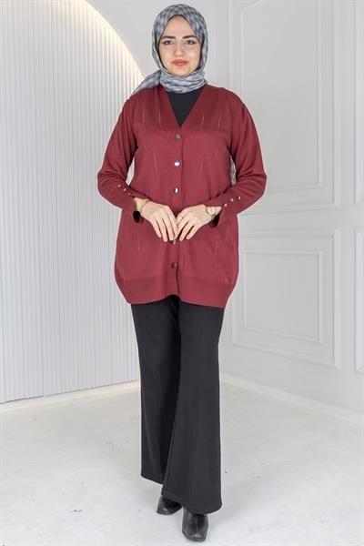 V Yaka Düğmeli Merserize Hırka Bordo OTW1030