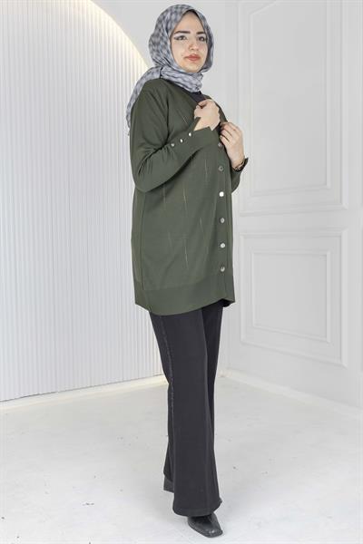 V Yaka Düğmeli Merserize Hırka Haki OTW1030