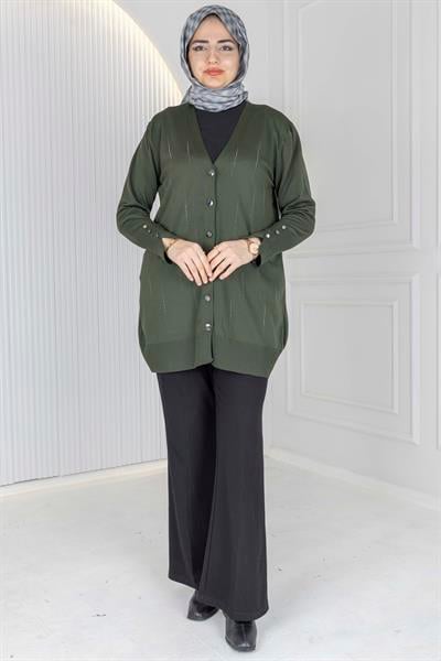 V Yaka Düğmeli Merserize Hırka Haki OTW1030