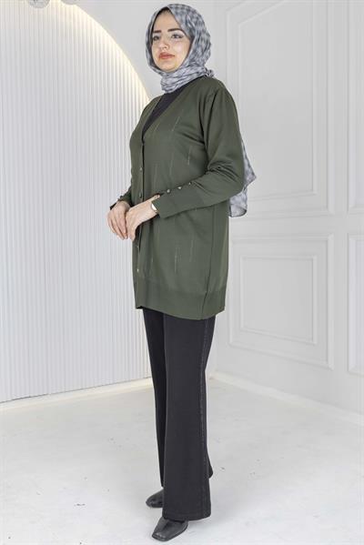 V Yaka Düğmeli Merserize Hırka Haki OTW1030