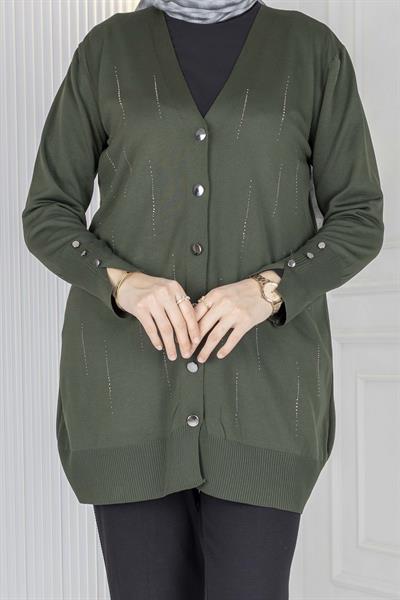 V Yaka Düğmeli Merserize Hırka Haki OTW1030