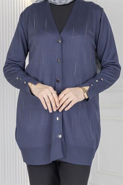V Yaka Düğmeli Merserize Hırka Lacivert OTW1030