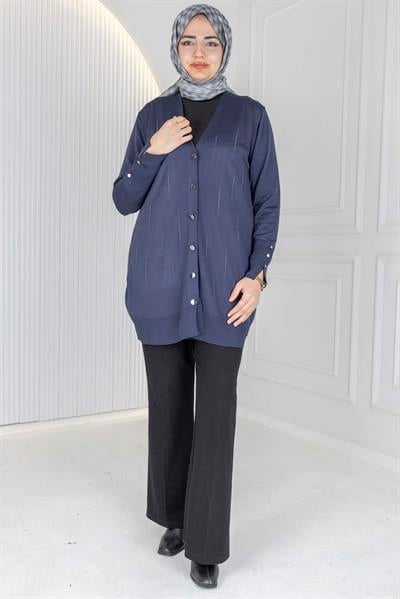 V Yaka Düğmeli Merserize Hırka Lacivert OTW1030