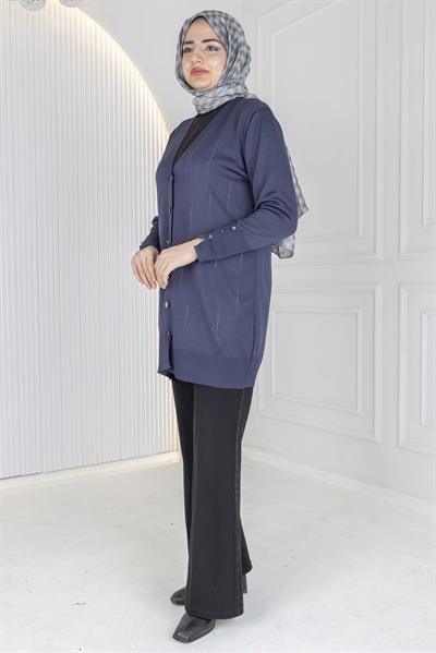 V Yaka Düğmeli Merserize Hırka Lacivert OTW1030