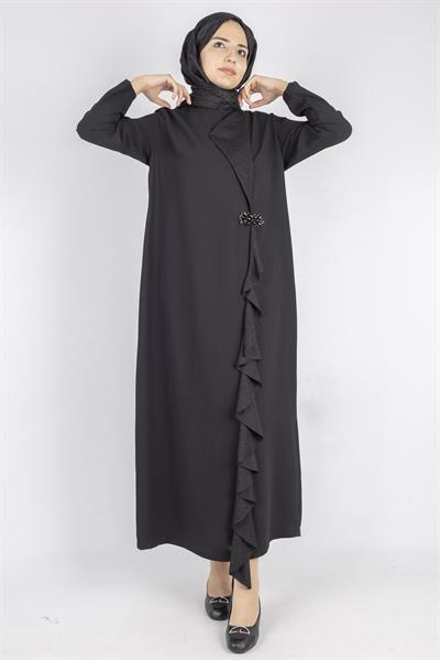Volan Detaylı Broşlu Tesettür Elbise Siyah OTW907