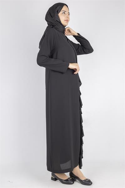 Volan Detaylı Broşlu Tesettür Elbise Siyah OTW907