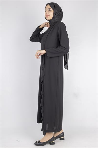 Volan Detaylı Broşlu Tesettür Elbise Siyah OTW907