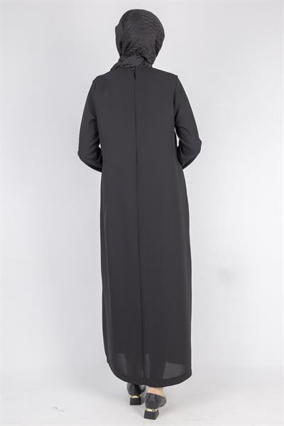 Volan Detaylı Broşlu Tesettür Elbise Siyah OTW907