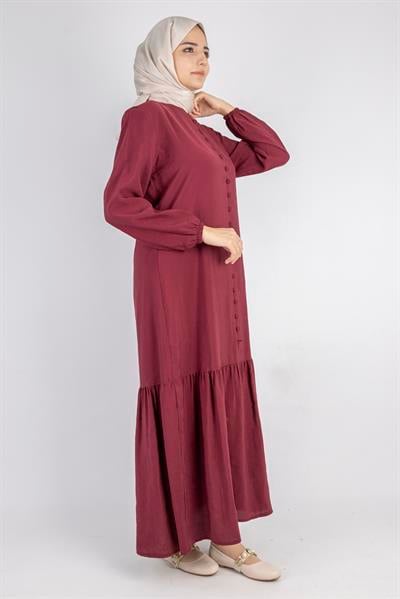 Volan Etek Detaylı Düğmeli Elbise Bordo OTW2178