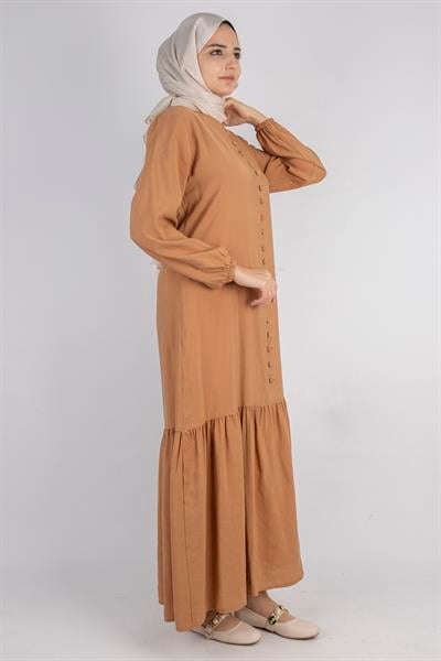 Volan Etek Detaylı Düğmeli Elbise Camel OTW2178
