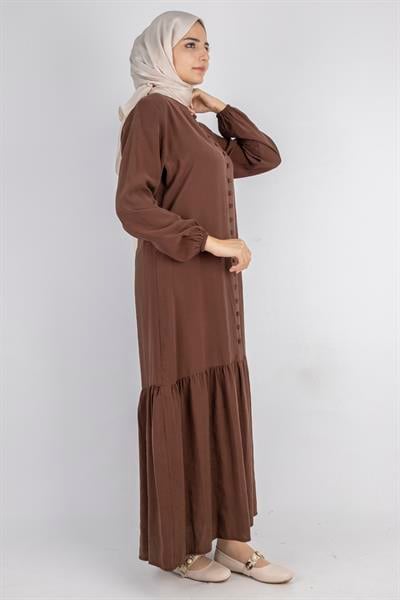 Volan Etek Detaylı Düğmeli Elbise Kahve OTW2178