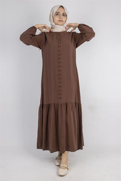 Volan Etek Detaylı Düğmeli Elbise Kahve OTW2178