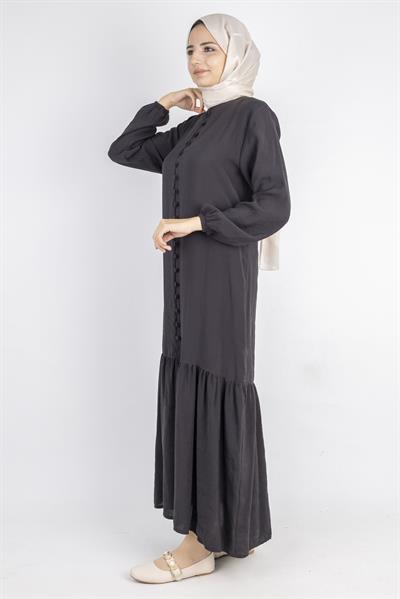Volan Etek Detaylı Düğmeli Elbise Siyah OTW2178