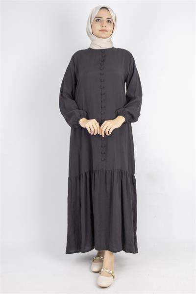 Volan Etek Detaylı Düğmeli Elbise Siyah OTW2178