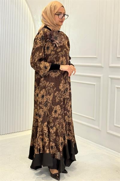 Volan Etekli Çiçek Desenli Büyük Beden Tesettür Elbise Desenli OTW9655