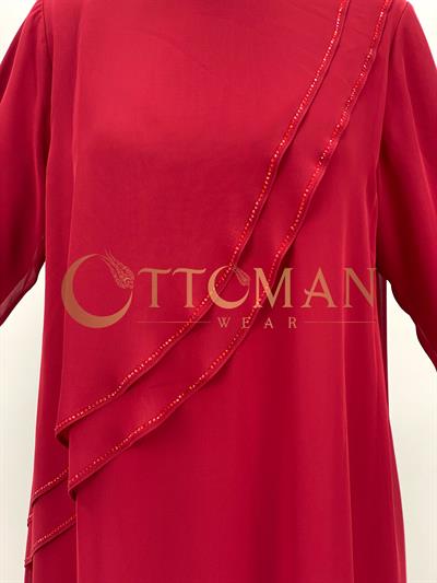 Volanlı Şifon Elbise Bordo OTW8196