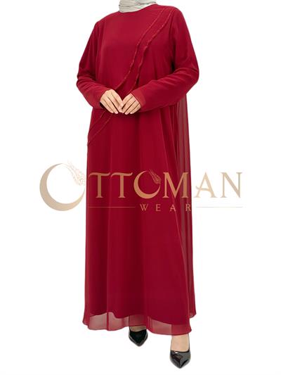 Volanlı Şifon Elbise Bordo OTW8196