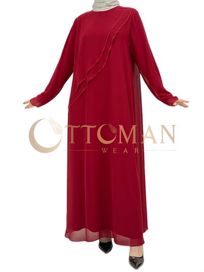 Volanlı Şifon Elbise Bordo OTW8196