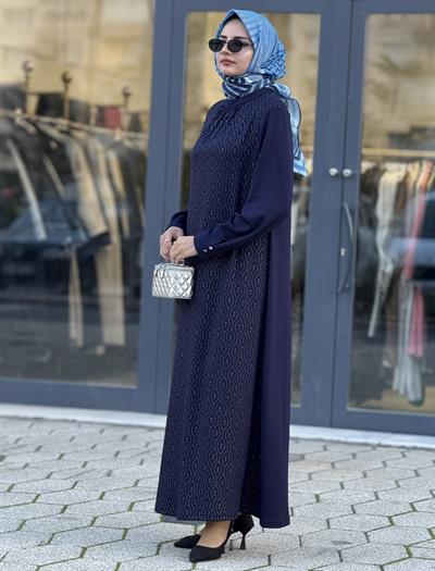 Yaka Büzgülü Simli Penye Büyük Beden Elbise Lacivert OTW2200