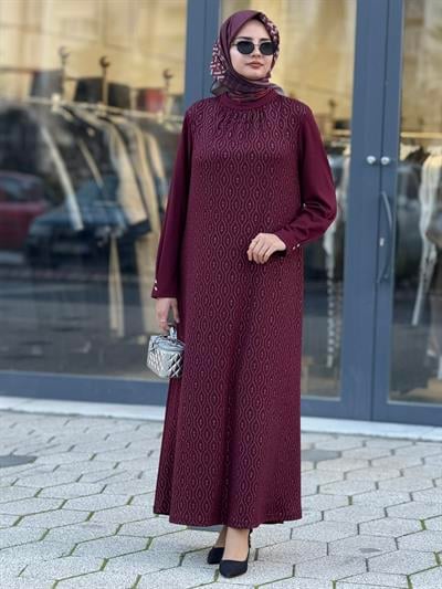 Yaka Büzgülü Simli Penye Büyük Beden Elbise Bordo OTW2200
