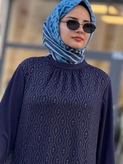 Yaka Büzgülü Simli Penye Büyük Beden Elbise Lacivert OTW2200