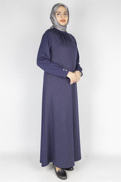 Yaka Büzgülü Simli Penye Büyük Beden Elbise Lacivert OTW2200