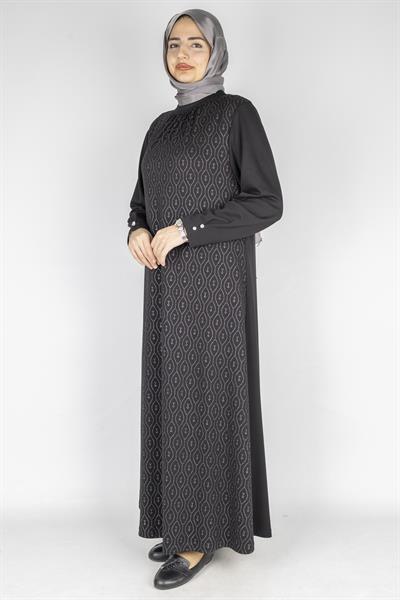 Yaka Büzgülü Simli Penye Büyük Beden Elbise Siyah OTW2200