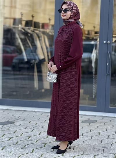 Yaka Büzgülü Simli Penye Büyük Beden Elbise Bordo OTW2200