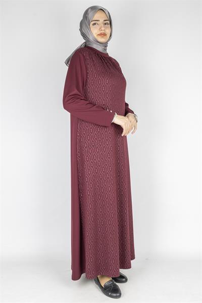 Yaka Büzgülü Simli Penye Büyük Beden Elbise Bordo OTW2200