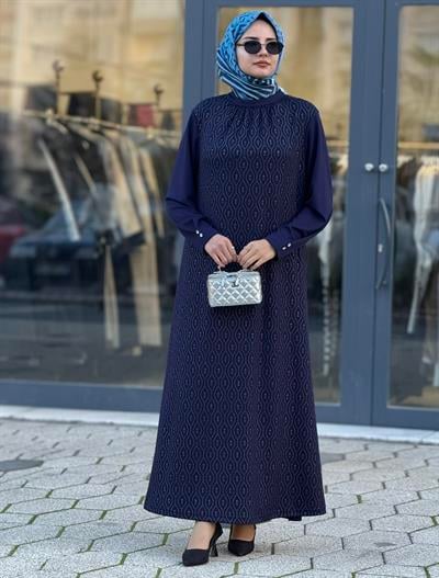 Yaka Büzgülü Simli Penye Büyük Beden Elbise Lacivert OTW2200