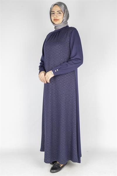 Yaka Büzgülü Simli Penye Büyük Beden Elbise Lacivert OTW2200
