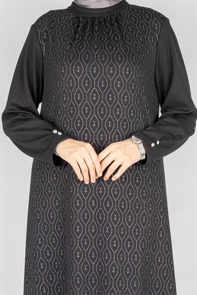 Yaka Büzgülü Simli Penye Büyük Beden Elbise Siyah OTW2200